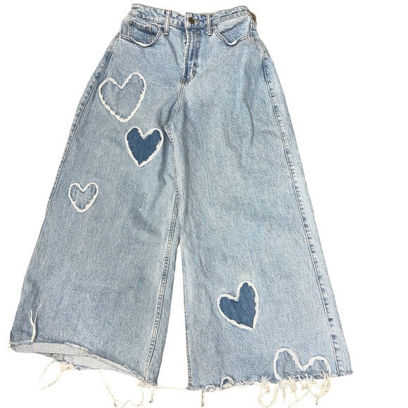 Social Tourist Ultra High Rise Baggy Heart Cropped Distressed Frayed Jeans - Picture 1 of 11